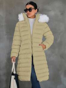 EURMUSE Petite Fuzzy Trim Hooded Slant Pocket Fleece Lined Padded Coat - Beige - View 1