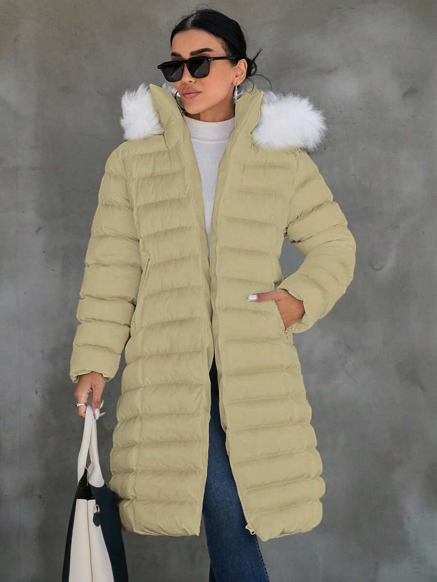 EURMUSE Petite Fuzzy Trim Hooded Slant Pocket Fleece Lined Padded Coat - Beige - View 1