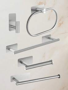 1 pièce Ensemble d'accessoires de salle de bain en acier inoxydable, barre à serviette, anneau à serviette, crochet à vêtements, porte-papier toilette, montage mural - Argent - Voir 1