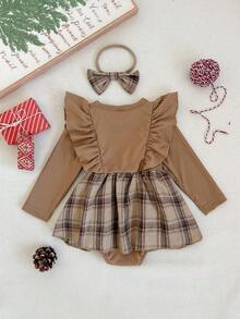 SHEIN 1件女婴格子驯鹿圣诞连体衣，圆领荷叶袖长袖动物鹿刺绣连体衣，配发带，韩版休闲抓绒保暖，适合日常外出或圣诞新年穿着，秋冬新款 - 卡其色 - 查看 2