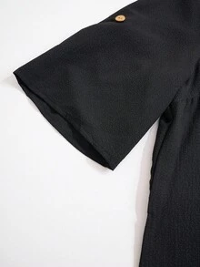 EMERY ROSE Plus Notched Neck Roll Tab Sleeve Top & Wide Leg Pants - Black - View 5