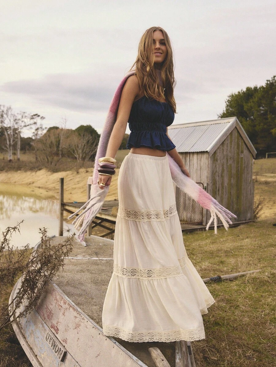 Aralina 秋冬西部波西米亚风蕾丝边饰长裙，适合乡村音乐会、万圣节和教师节等场合。 - 米色 - 查看 1