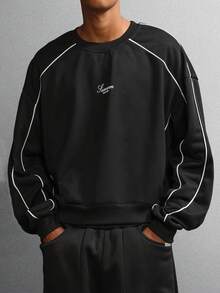 Felpa classica SUMWON con profili a contrasto e logo ricamato, casual, girocollo, manica lunga, stile casual da strada, tinta unita, adatta per l'autunno e l'inverno - nero - Visualizzare 1