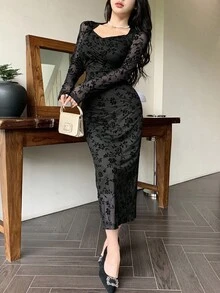 DAZY Đầm dài tay lưới họa tiết hoa nhí thanh lịch dành cho nữ, thích hợp cho tiệc tùng hoặc đi học, kiểu dáng mùa thu. - màu đen - Xem 6