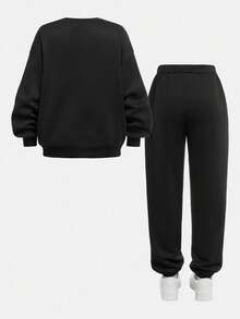 SHEIN 2 pezzi/set Felpa girocollo e pantaloni con stampa grafica minimalista classica di ragazza adolescente, logo piccolo e cavaliere a cavallo, adatto per autunno/inverno