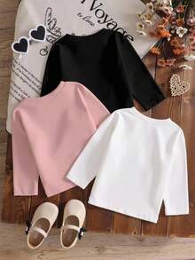 SHEIN 3 件套女婴休闲可爱蝴蝶结和字母针织圆领长袖套头 T 恤，婴幼儿女童基本款 T 恤，儿童服装，婴幼儿服装，舒适简约，蝴蝶结装饰，樱桃蝴蝶结元素，适合春秋冬季，6 个月至 3 岁 - 彩色 - 查看 2