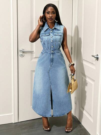 Slaydiva Women's Sleeveless Blue Front Button Slit Denim Dress, Fashionable