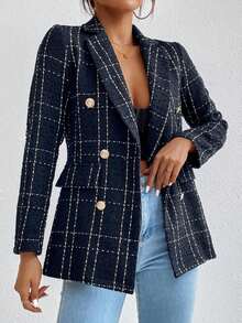 EMERY ROSE Fashionable Commuter Plaid Double-Breasted Wool Blazer - Navy Blue - View 4