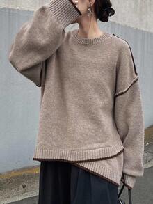 FRIFUL 女士圆领撞色边不对称下摆休闲罗纹拼接加厚毛衣 - 卡其色 - 查看 4