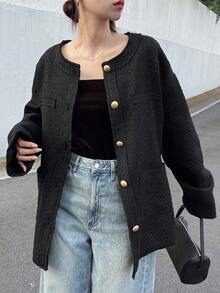 FRIFUL 女士针织混纺金属纽扣装饰圆领开衫，宽松优雅通勤常规外套，秋季黑色外套黑色开衫超大款外套短款外套黑色西装外套女式大衣