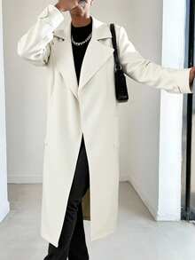 EURMUSE Women's Simple Solid Color Long Woolen Overcoat - White - View 1