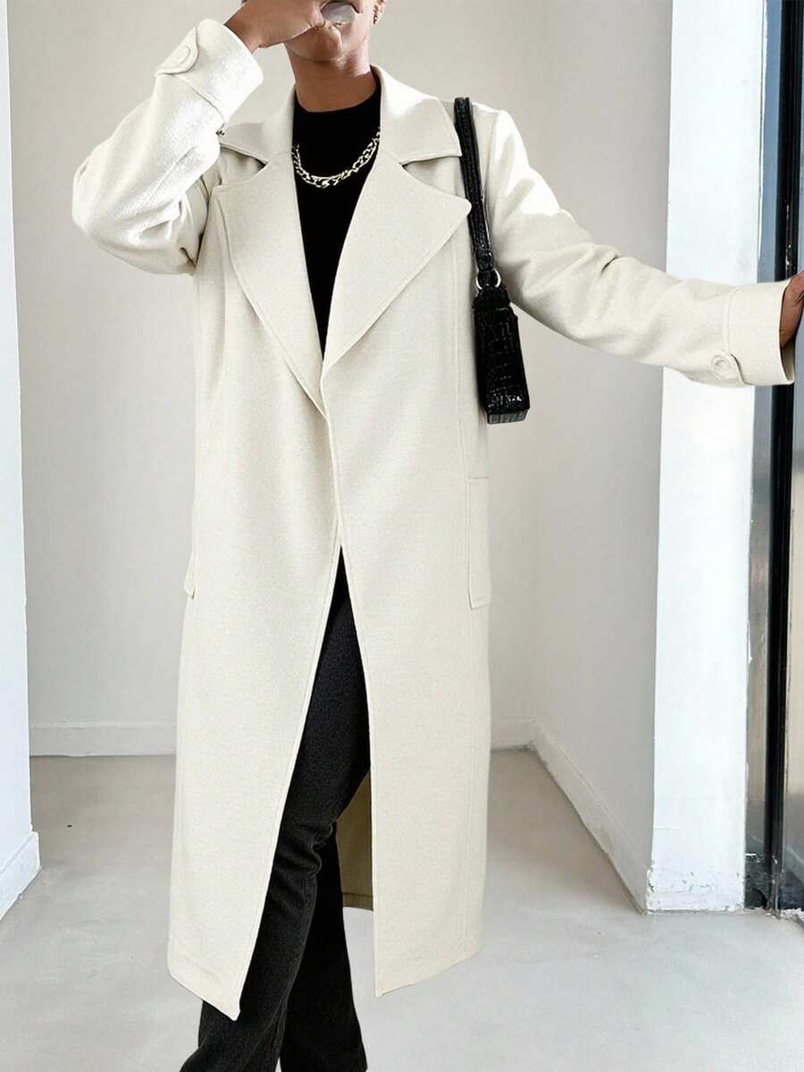 EURMUSE Women's Simple Solid Color Long Woolen Overcoat - White - View 1