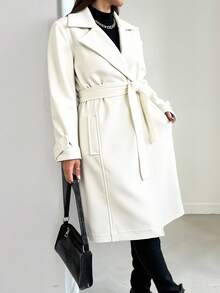 EURMUSE Women's Simple Solid Color Long Woolen Overcoat - White - View 3
