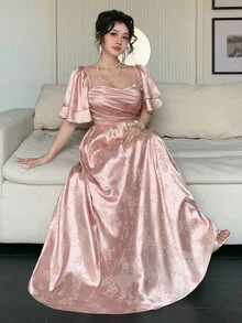 DAZY 夏季婚礼和派对礼服，方领设计，褶皱，高端缎面花卉提花中长连衣裙，适合女士 - 粉色 - 查看 1