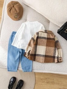 SHEIN 3件套男女通用婴儿格子衬衫、外套、牛仔裤三件套，秋冬季婴儿服装 - 彩色 - 查看 3