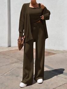 EURMUSE WOMEN 3 PiecesSET TOP CARDİGAN AND PANT - Army Green - View 1