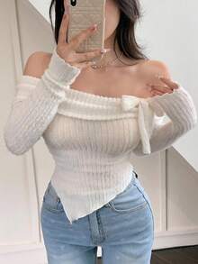 DAZY Camiseta ajustada de manga larga y hombros descubiertos con textura suave, ropa de otoño con tops lindos - Blanco - Ver 9