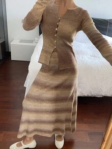 Livesso Women's Ombre V-Neck Cardigan And Skirt 2 Pieces Knit Set, Autumn