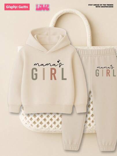 GraphicGems 2 件女婴时尚简约字母印花连帽长袖羊毛衫和字母印花羊毛裤套装，适合秋冬季外出，妈妈的女孩幼儿运动服