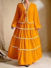 SHEIN Tall 加大码女式编织纹理长袖开衫，系带设计，撞色荷叶边下摆设计，松紧腰长裙，法式优雅浪漫两件套 - 亮橙色 - 查看 3