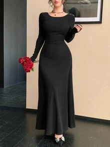 DAZY Rochie elegantă cu curea și fundă nouă pentru femei, potrivită pentru ocazii formale în toamnă și iarnă, rochie de vară maxi - Negru - Vizualizare 6