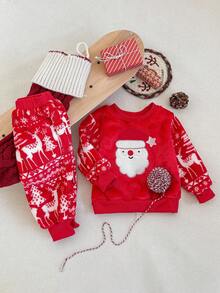 Playful Pals 两件套男婴红色圣诞套装，圆领长袖连帽衫+松紧腰裤，休闲节日新年套装，保暖内衬面料，可爱圣诞老人刺绣，秋冬新款 - 紅色 - 查看 3