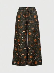 ROMWE Plus Size Women Fairycore Butterfly & Moth Floral All-Over Print Wide Leg Pants - Multicolor - View 1