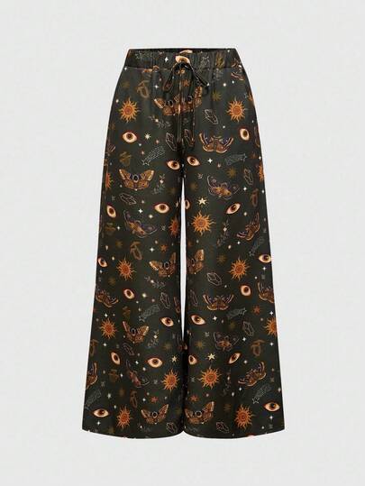 Plus Size Women Fairycore Butterfly & Moth Floral All-Over Print Wide Leg Pants