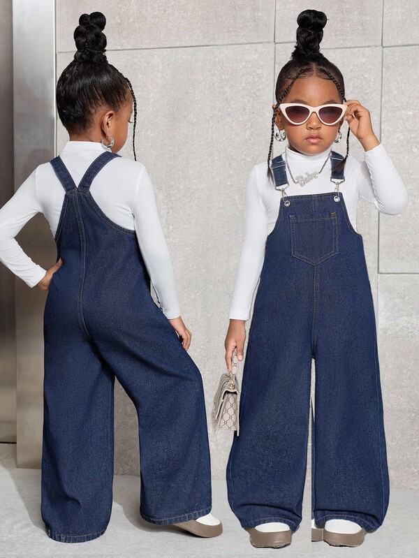 SHEIN Young Girl Y2K  Casual Daily Dark Blue Pocket Denim Bib Overalls,Fall Clothes,Winter Clothes  ,Casual And Fashionable Vacation Outfits