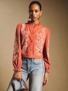 Poéselle 女士休闲宽松纽扣长袖衬衫，百搭日常穿着 - 鏽棕色 - 查看 7