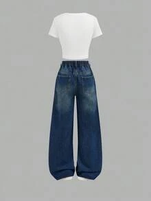 SHEIN Girlism 少女 Y2K 牛仔外观蝴蝶图案白色 T 恤和蓝色阔腿牛仔裤套装，少女暑假服装