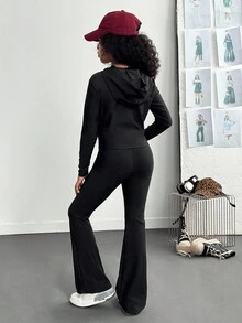 Conjunto de chaqueta con cremallera y pantalones con estampado sencillo para niñas preadolescentes, otoño e invierno - Negro - Ver 2