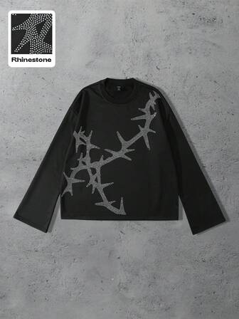 Street Life T-shirt à manches longues pour hommes, col rond, décoré de strass, style polyvalent, décontracté et de rue, automne