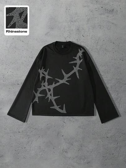 Street Life Men's Round Neck Rhinestone Decor Versatile Casual Street Style Long Sleeve T-Shirt, Fall