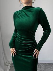 Elenzga Vestido largo con volantes asimétricos de terciopelo y abertura alta para mujer