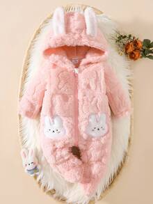 Newborn Baby Pink Rabbit Ear Hooded Romper, Soft Plush Jumpsuit Outfit For Infant, Cute & Comfortable For Home, Outings, Parties, 0-9 Months Fall Winter - Pink - View 3