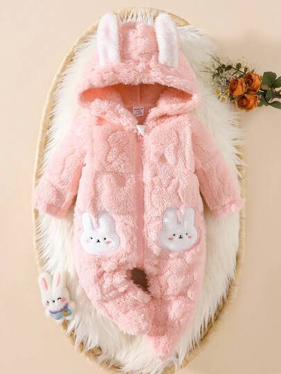 Newborn Baby Pink Rabbit Ear Hooded Romper, Soft Plush Jumpsuit Outfit For Infant, Cute & Comfortable For Home, Outings, Parties, 0-9 Months Fall Winter
