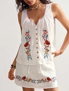 Bohemela Bộ 2 món áo hai dây dệt rộng rãi màu trơn và chân váy mini cho nữ - Màu be - Xem 4