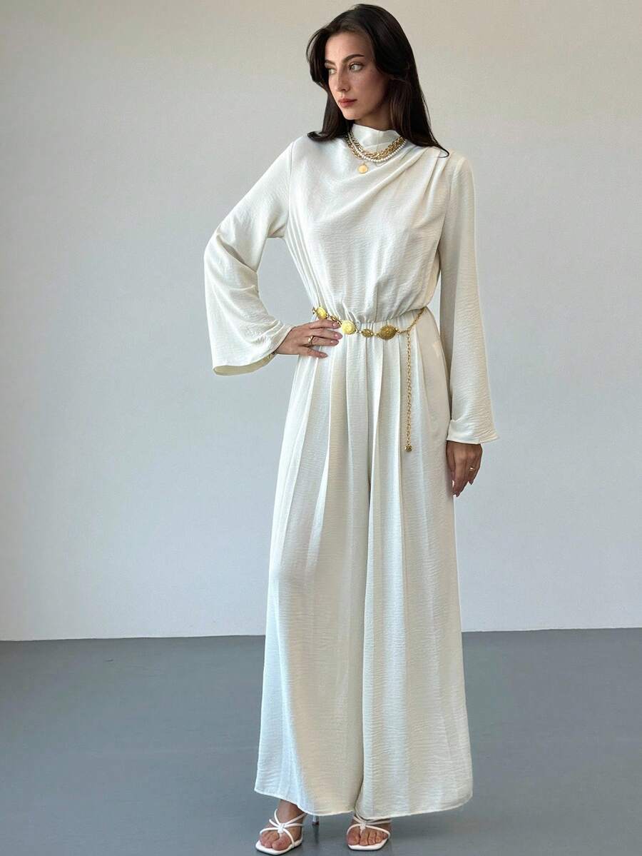 Aloruh 全新百搭杏色秋冬打底连体裤，简约时尚日常穿着，褶饰，收腰，阔腿，超长喇叭袖 - 杏色 - 查看 1