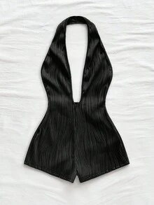 Soleia Women's Vacation White Knit Textured Wavy Pattern Deep V Neck Backless Sexy Bodysuit, Fashionable Fitted For Party, Date, Afternoon Tea, Boho Vacation, Beach, Summer Outfit - Black - View 6