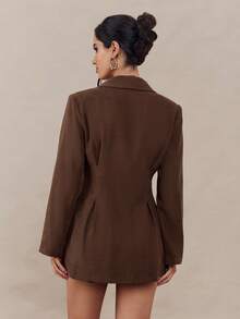 Modelyn Women's Solid Color Lapel NeckLong Sleeve Metal Decor Casual Office Blazer Jacket, Autumn - Brown - View 2