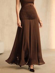 Anewsta Chân váy voan xếp ly cạp cao thanh lịch, màu nâu, thích hợp cho mùa thu, mùa hè, thanh lịch, sang trọng, thường ngày - màu nâu - Xem 6