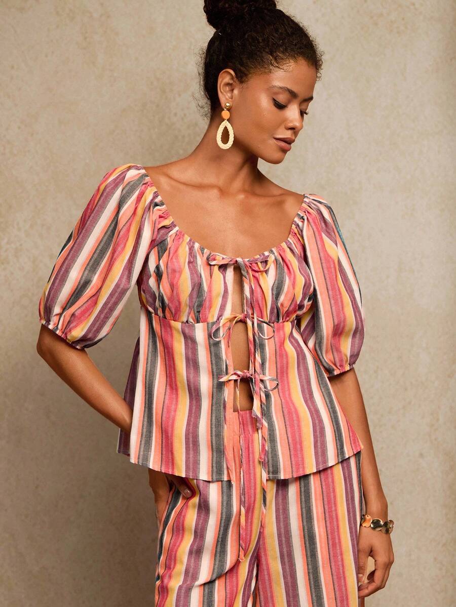 Travachic 女式度假休闲条纹吊带上衣和裤子两件套 - 彩色 - 查看 1