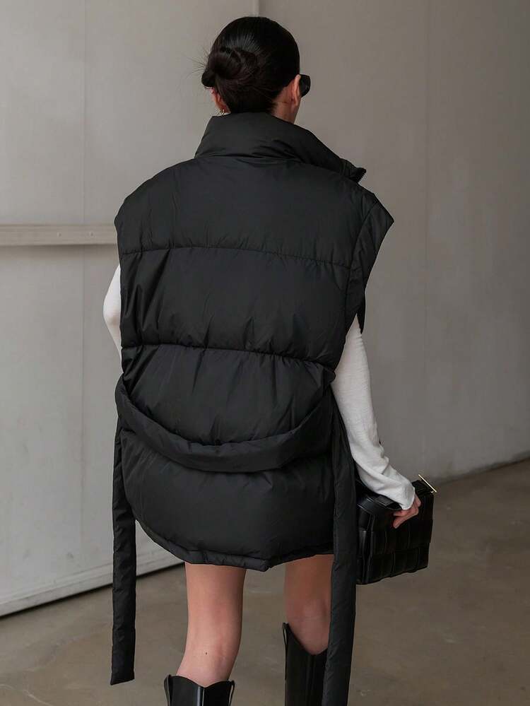 Women's Solid Color Zipper Front Sleeveless Casual Padded Coat, Winter Women Clothes, Padded Coat Women Jacket Vest