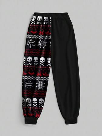 Goth Weihnachten dunkel mysteriöser süßer Totenkopf, schwarz, rot, Schneeflocke, Fledermaus Allover-Muster lässige Streetstyle Damenhose