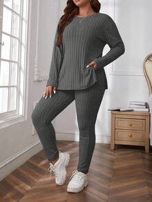 SHEIN Cottnline Plus Size Comfortable Knit Ribbed 2 Pieces Set - Dark Grey - View 7