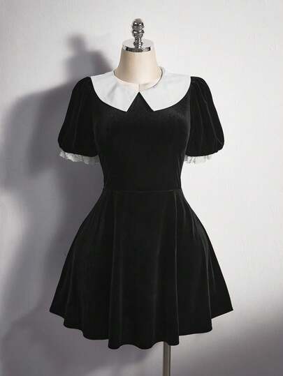 SHEIN ICON Plus Size Wednesday Colorblock Mini Dress, Halloween Costume, Cosplay, Halloween Party