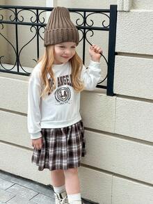 Playful Pals Felpa girocollo con colletto e polsini a costine per bambine, con orlo a quadri della gonna, vestito casual a maniche lunghe con stampa frontale, autunnale - Multicolore - Visualizzare 10