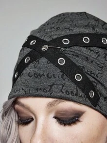 ROMWE Grunge Punk Gray Letter Random Print Headband Hairpin Eyelet Criss-Cross Beanie Hat, Personalized Fashion Versatile Unisex Beanies Suitable For Vacation, Party, Social, Shopping - Grey - View 1