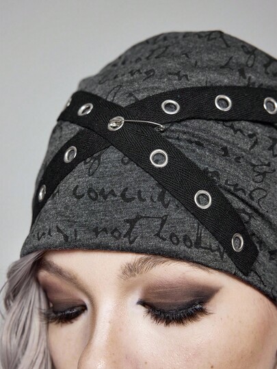 Grunge Punk Gray Letter Random Print Headband Hairpin Eyelet Criss-Cross Beanie Hat, Personalized Fashion Versatile Unisex Beanies Suitable For Vacation, Party, Social, Shopping